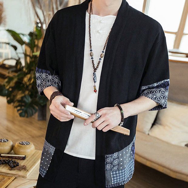 Buddha Stones Ethnic Printing Patchwork Design Open Front Jacket Cotton Linen Men's Kimono - Black - US/UK/AU46，EU56 (5XL) - image 1