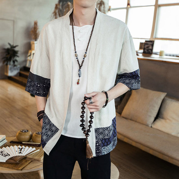 Buddha Stones Ethnic Printing Patchwork Design Open Front Jacket Cotton Linen Men's Kimono - Linen - US/UK/AU46，EU56 (5XL) - image 10