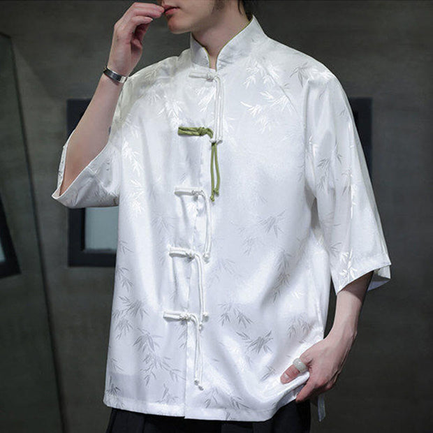 Buddha Stones Jacquard Bamboo Pattern Chinese Frog-Button Stand Collar Tang Suit Men's Cotton Shirt - image 13