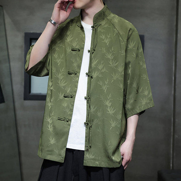 Buddha Stones Jacquard Bamboo Pattern Chinese Frog-Button Stand Collar Tang Suit Men's Cotton Shirt - image 23