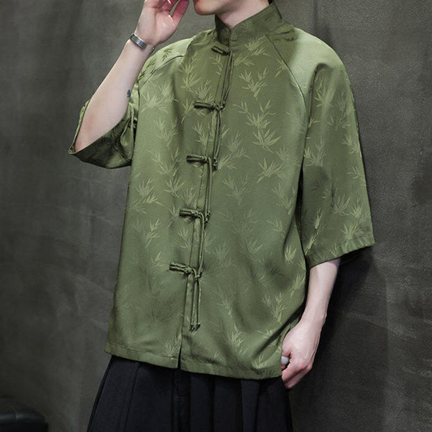 Buddha Stones Jacquard Bamboo Pattern Chinese Frog-Button Stand Collar Tang Suit Men's Cotton Shirt - image 21