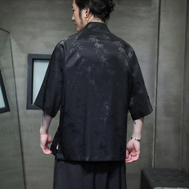 Buddha Stones Jacquard Bamboo Pattern Chinese Frog-Button Stand Collar Tang Suit Men's Cotton Shirt - image 5