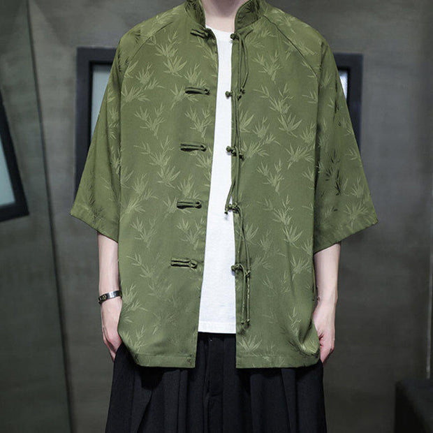 Buddha Stones Jacquard Bamboo Pattern Chinese Frog-Button Stand Collar Tang Suit Men's Cotton Shirt - image 24