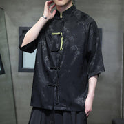 Buddha Stones Jacquard Bamboo Pattern Chinese Frog-Button Stand Collar Tang Suit Men's Cotton Shirt - image 4