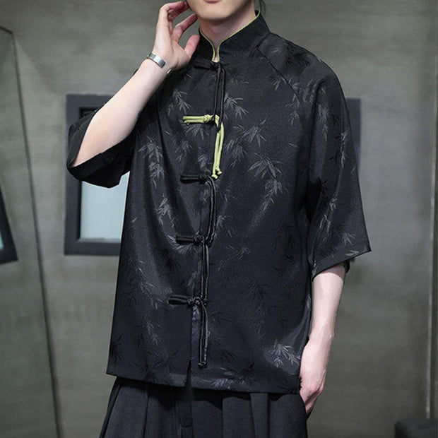 Buddha Stones Jacquard Bamboo Pattern Chinese Frog-Button Stand Collar Tang Suit Men's Cotton Shirt - image 4