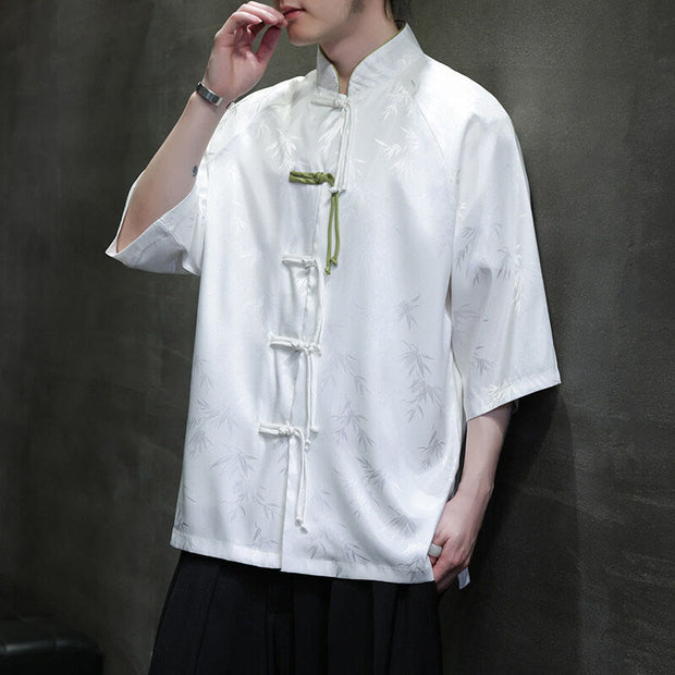 Buddha Stones Jacquard Bamboo Pattern Chinese Frog-Button Stand Collar Tang Suit Men's Cotton Shirt - image 8