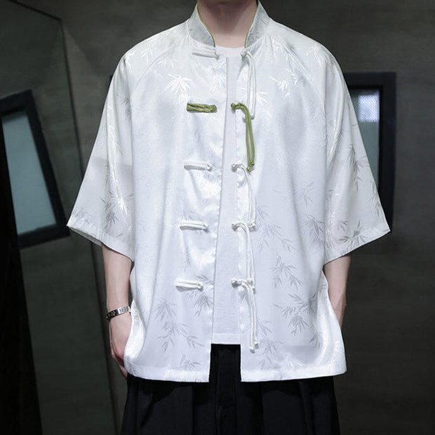 Buddha Stones Jacquard Bamboo Pattern Chinese Frog-Button Stand Collar Tang Suit Men's Cotton Shirt - image 10