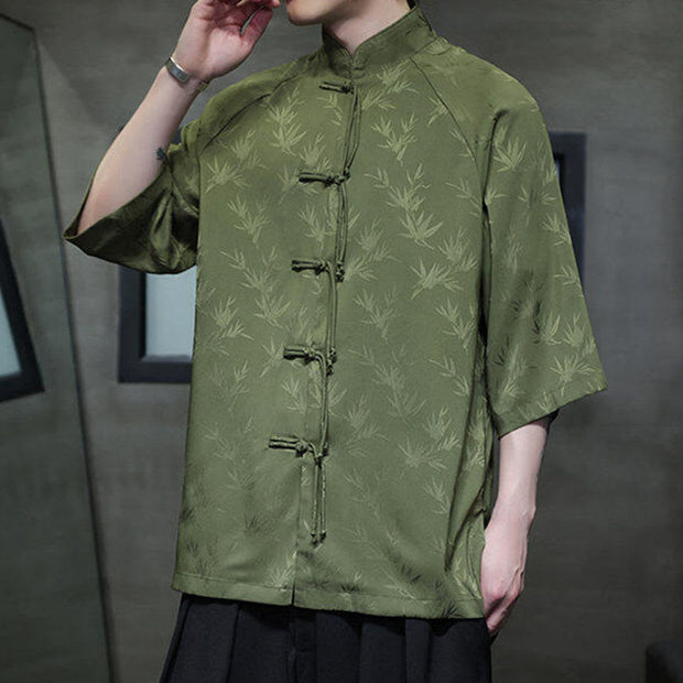 Buddha Stones Jacquard Bamboo Pattern Chinese Frog-Button Stand Collar Tang Suit Men's Cotton Shirt - image 19