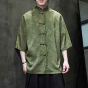 Buddha Stones Jacquard Bamboo Pattern Chinese Frog-Button Stand Collar Tang Suit Men's Cotton Shirt - OliveDrab - US/UK/AU46，EU56 (5XL) - image 18