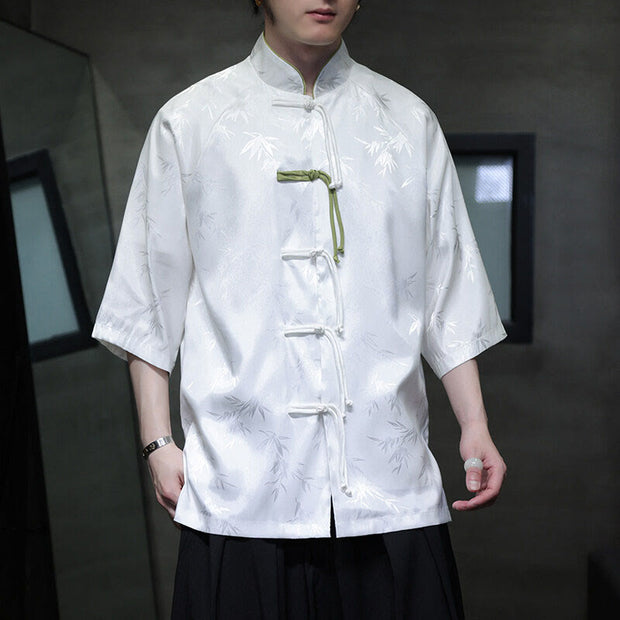 Buddha Stones Jacquard Bamboo Pattern Chinese Frog-Button Stand Collar Tang Suit Men's Cotton Shirt - image 12