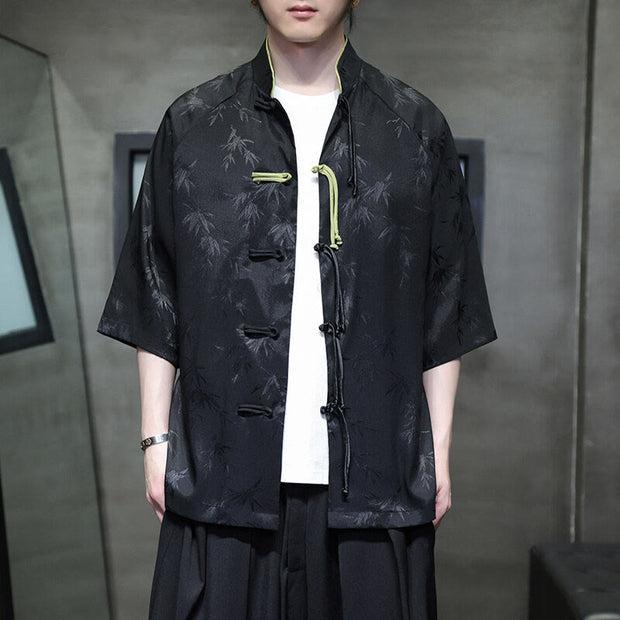 Buddha Stones Jacquard Bamboo Pattern Chinese Frog-Button Stand Collar Tang Suit Men's Cotton Shirt - Black - US/UK/AU46，EU56 (5XL) - image 1