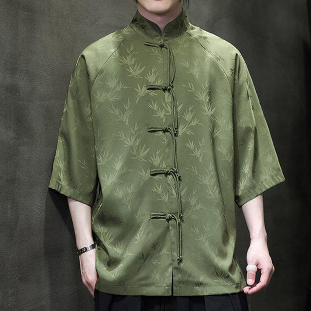Buddha Stones Jacquard Bamboo Pattern Chinese Frog-Button Stand Collar Tang Suit Men's Cotton Shirt - image 22