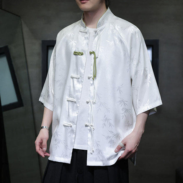 Buddha Stones Jacquard Bamboo Pattern Chinese Frog-Button Stand Collar Tang Suit Men's Cotton Shirt - image 9