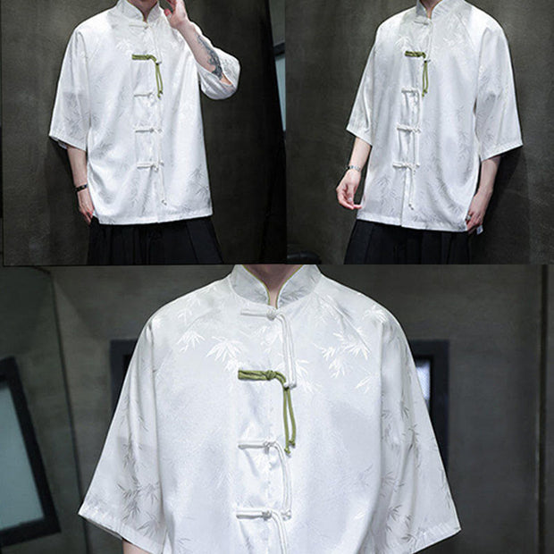 Buddha Stones Jacquard Bamboo Pattern Chinese Frog-Button Stand Collar Tang Suit Men's Cotton Shirt - image 14
