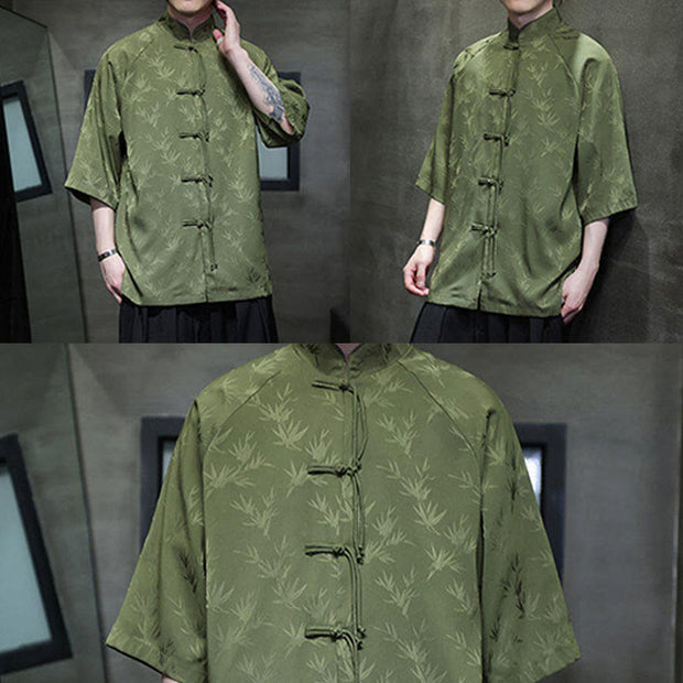 Buddha Stones Jacquard Bamboo Pattern Chinese Frog-Button Stand Collar Tang Suit Men's Cotton Shirt - image 25