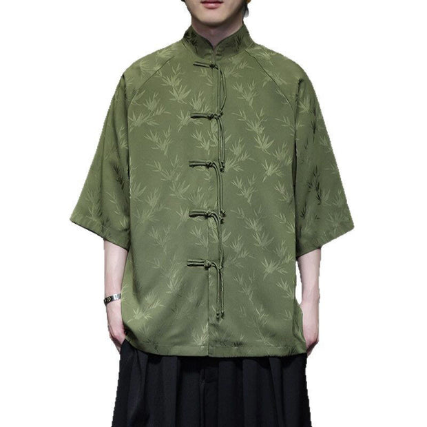 Buddha Stones Jacquard Bamboo Pattern Chinese Frog-Button Stand Collar Tang Suit Men's Cotton Shirt - image 26
