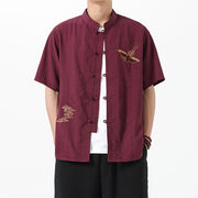 Buddha Stones Vintage Embroidery Buttons Design Stand Collar Men's Cotton Shirt - Brown - US/UK/AU42，EU52 (3XL) - image 1