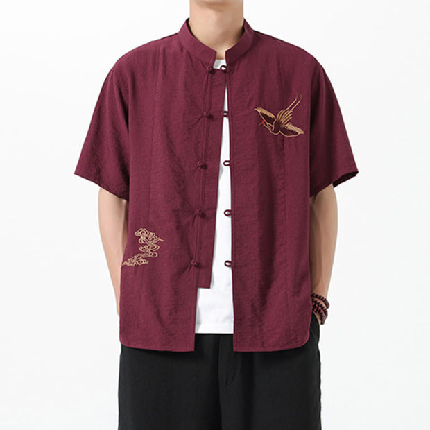Buddha Stones Vintage Embroidery Buttons Design Stand Collar Men's Cotton Shirt - Brown - US/UK/AU42，EU52 (3XL) - image 1