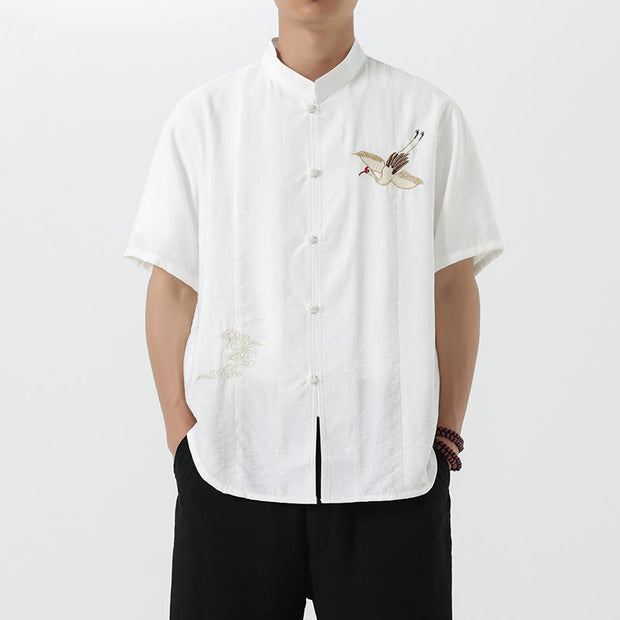 Buddha Stones Vintage Embroidery Buttons Design Stand Collar Men's Cotton Shirt - White - US/UK/AU42，EU52 (3XL) - image 9