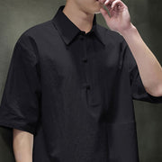 Buddha Stones Commute Plain Half Buttons Design Men's Cotton Linen Shirt With Pocket - image 17