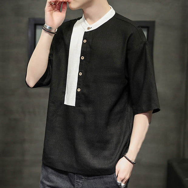Buddha Stones Summer Half Buttons Color Matching Design Half Sleeve Men's Cotton Linen Shirt - image 12