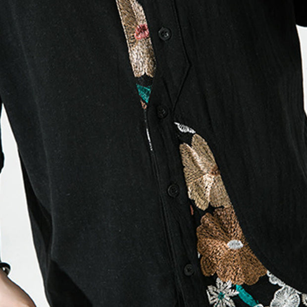Buddha Stones Embroidery Patchwork Simple Design Three Quarter Sleeve Men's Cotton Linen Shirt