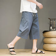 Buddha Stones Casual Summer Drawstring Solid Color Cropped Cotton Linen Men's Harem Pants With Pockets