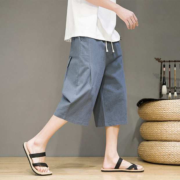 Buddha Stones Casual Summer Drawstring Solid Color Cropped Cotton Linen Men's Harem Pants With Pockets