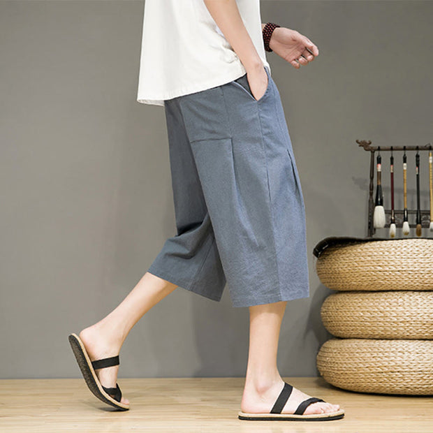Buddha Stones Casual Summer Drawstring Solid Color Cropped Cotton Linen Men's Harem Pants With Pockets