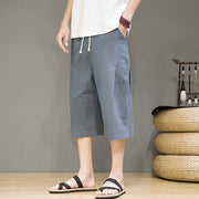 Buddha Stones Casual Summer Drawstring Solid Color Cropped Cotton Linen Men's Harem Pants With Pockets