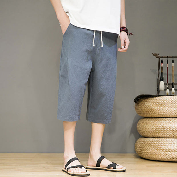 Buddha Stones Casual Summer Drawstring Solid Color Cropped Cotton Linen Men's Harem Pants With Pockets