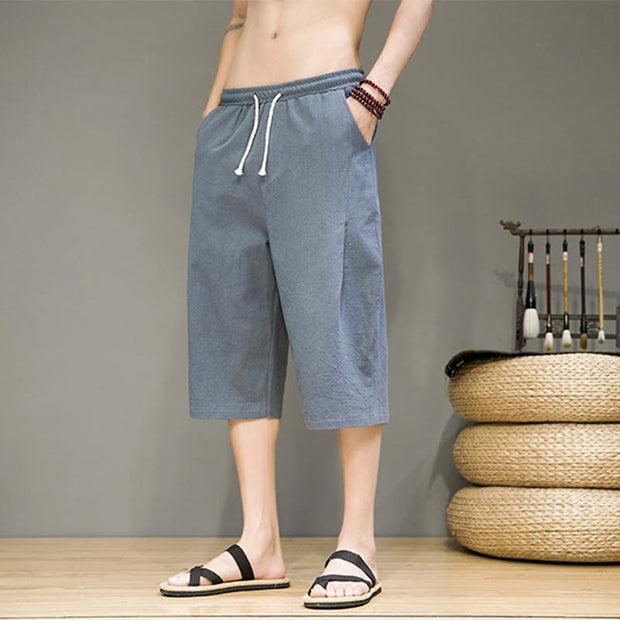 Buddha Stones Casual Summer Drawstring Solid Color Cropped Cotton Linen Men's Harem Pants With Pockets