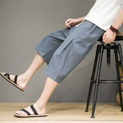 Buddha Stones Casual Summer Drawstring Solid Color Cropped Cotton Linen Men's Harem Pants With Pockets