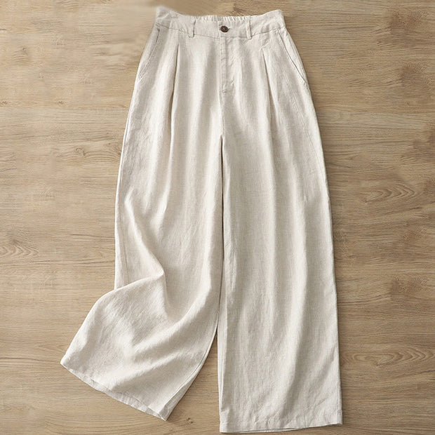 Buddha Stones Casual Retro Plain Women's Cotton Wide Leg Pants With Pockets Zipper - Linen - US8-10，UK/AU12-14，EU40-42 (2XL) - image 1