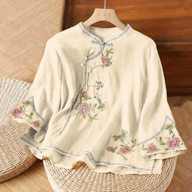 Buddha Stones Casual Vintage Embroidery Flower Pattern Chinese Frog-Button Crew Neck Design Women's Cotton Linen Shirt - LemonChiffon - US12，UK/AU16，EU44 (3XL) - image 5