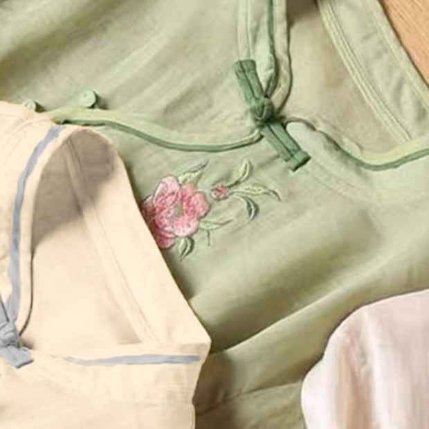 Buddha Stones Casual Vintage Embroidery Flower Pattern Chinese Frog-Button Crew Neck Design Women's Cotton Linen Shirt - image 13