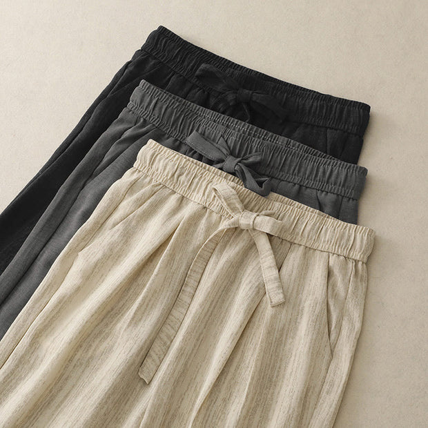 Buddha Stones Casual Summer Lace-Up Texture Design Women's Cotton Wide Leg Pants With Pockets - image 19