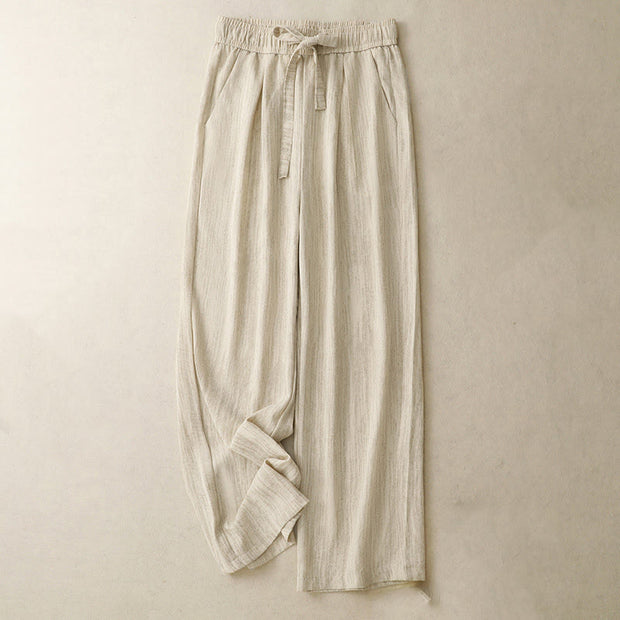 Buddha Stones Casual Summer Lace-Up Texture Design Women's Cotton Wide Leg Pants With Pockets - PaleGoldenrod - US8-10，UK/AU12-14，EU40-42 (2XL) - image 1