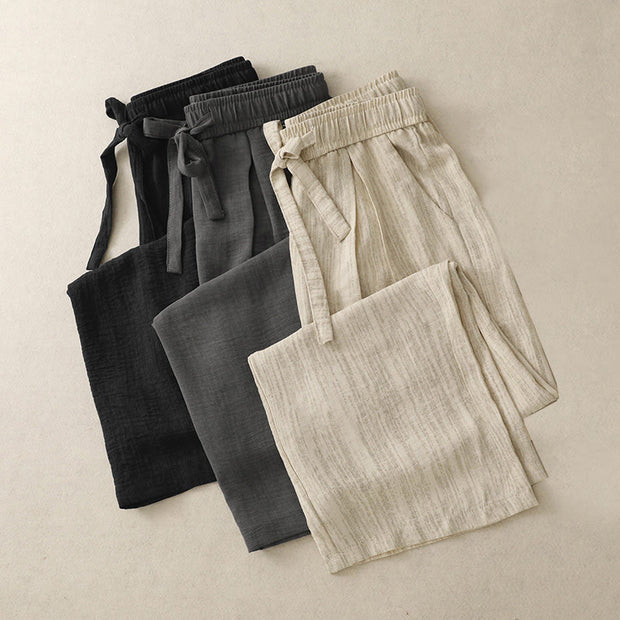 Buddha Stones Casual Summer Lace-Up Texture Design Women's Cotton Wide Leg Pants With Pockets - image 18