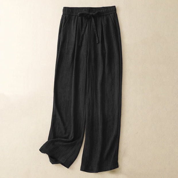 Buddha Stones Casual Summer Lace-Up Texture Design Women's Cotton Wide Leg Pants With Pockets - Black - US8-10，UK/AU12-14，EU40-42 (2XL) - image 8