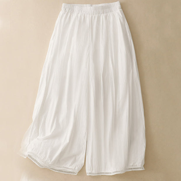Buddha Stones Casual Hem Hollow Design Women's Cotton 7-8 Length Wide Leg Pants With Pockets - White - US8-10，UK/AU12-14，EU40-42 (2XL) - image 10
