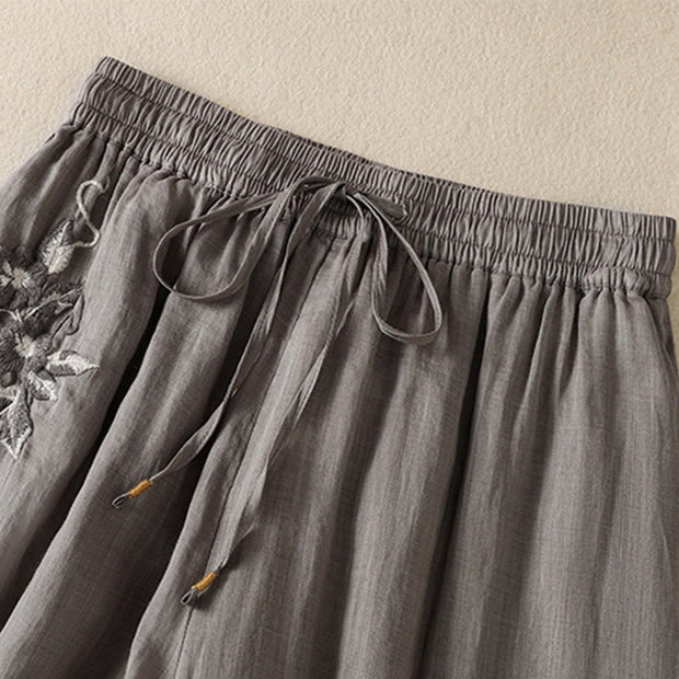 Buddha Stones Commute Embroidery Drawstring Women's Cotton Wide Leg Pants With Pockets - image 46