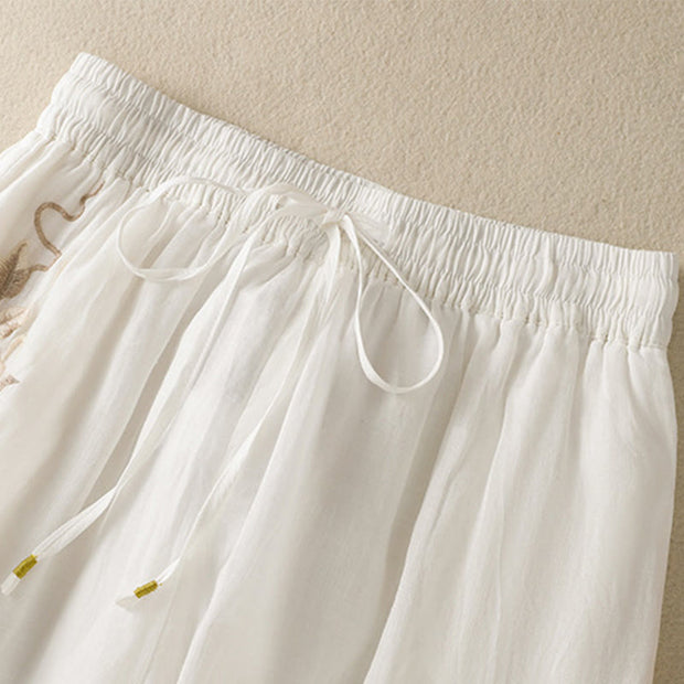 Buddha Stones Commute Embroidery Drawstring Women's Cotton Wide Leg Pants With Pockets - image 28