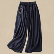 Buddha Stones Commute Embroidery Drawstring Women's Cotton Wide Leg Pants With Pockets - MidnightBlue - US8-10，UK/AU12-14，EU40-42 (2XL) - image 1