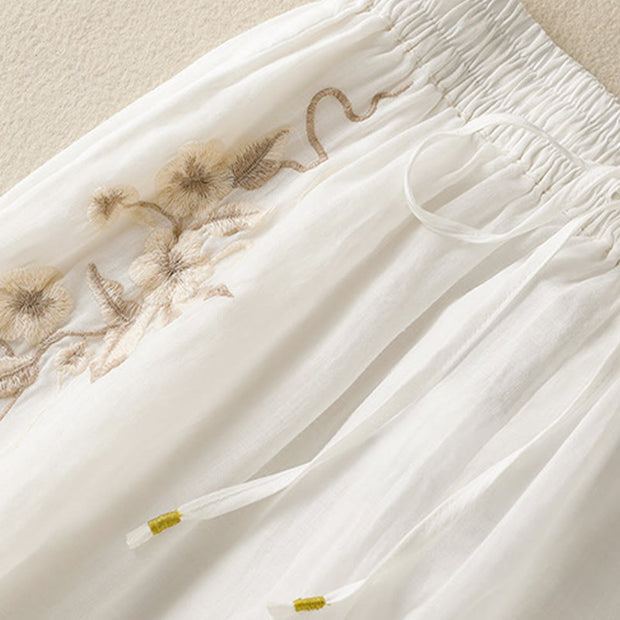Buddha Stones Commute Embroidery Drawstring Women's Cotton Wide Leg Pants With Pockets - image 30