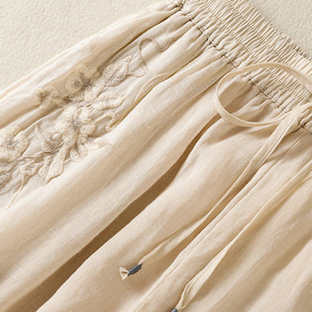 Buddha Stones Commute Embroidery Drawstring Women's Cotton Wide Leg Pants With Pockets - image 13