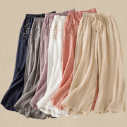 Buddha Stones Commute Embroidery Drawstring Women's Cotton Wide Leg Pants With Pockets - image 50