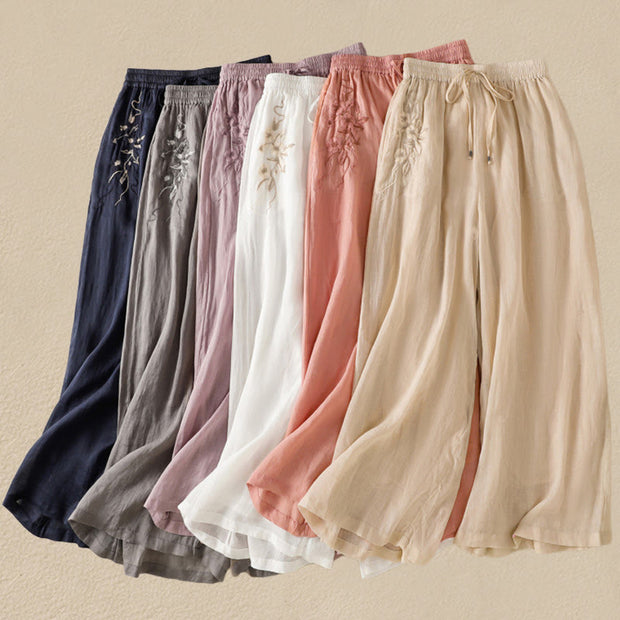 Buddha Stones Commute Embroidery Drawstring Women's Cotton Wide Leg Pants With Pockets - image 50