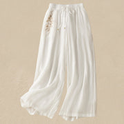 Buddha Stones Commute Embroidery Drawstring Women's Cotton Wide Leg Pants With Pockets - White - US8-10，UK/AU12-14，EU40-42 (2XL) - image 26
