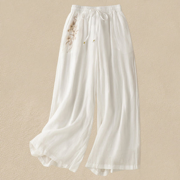 Buddha Stones Commute Embroidery Drawstring Women's Cotton Wide Leg Pants With Pockets - White - US8-10，UK/AU12-14，EU40-42 (2XL) - image 26